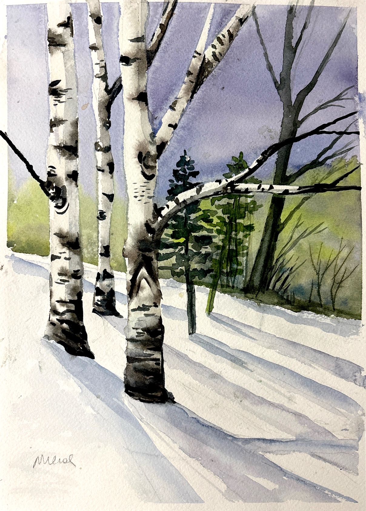 Birches in Winter, watercolour painting by Meral Altinbilek
