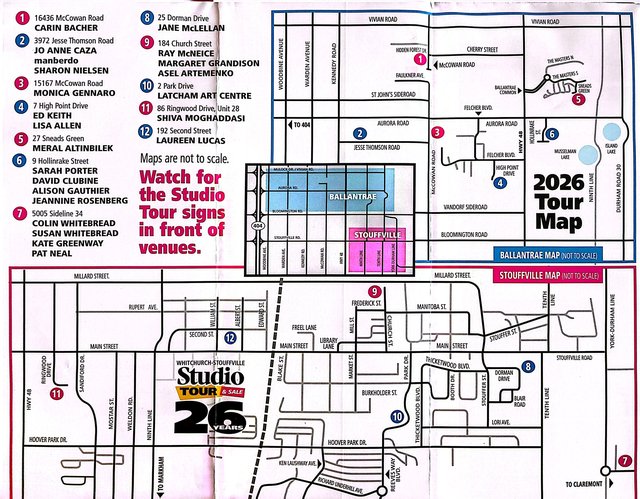 2026 Stouffville Studio Tour map showing all 12 venues; Meral Altinbilek is Studio 5 at 27 Sneads Green, Ballantrae